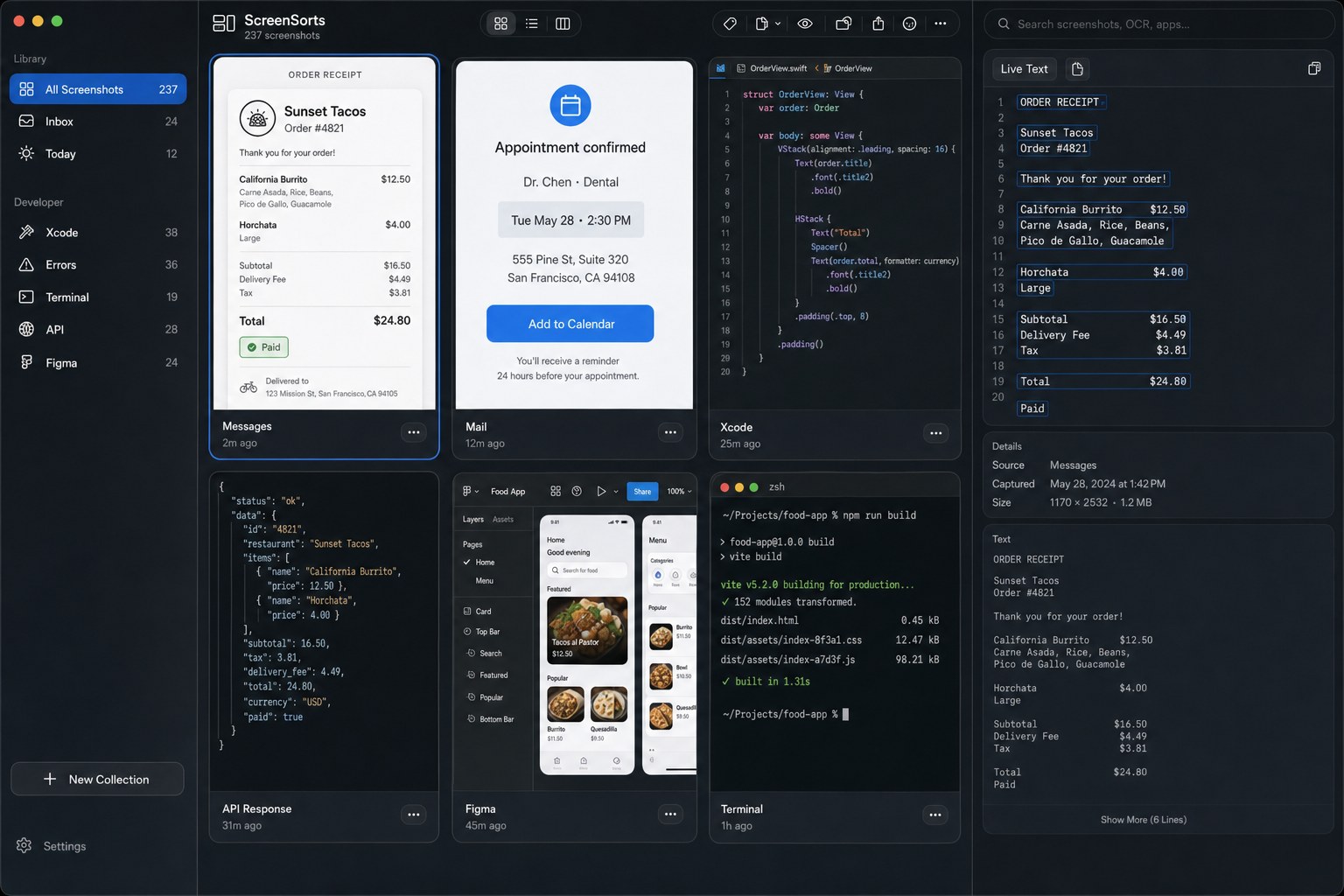 ScreenSorts library with an order receipt, appointment confirmation, and Live Text