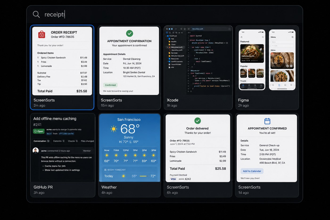 Search palette showing an order receipt and appointment confirmation