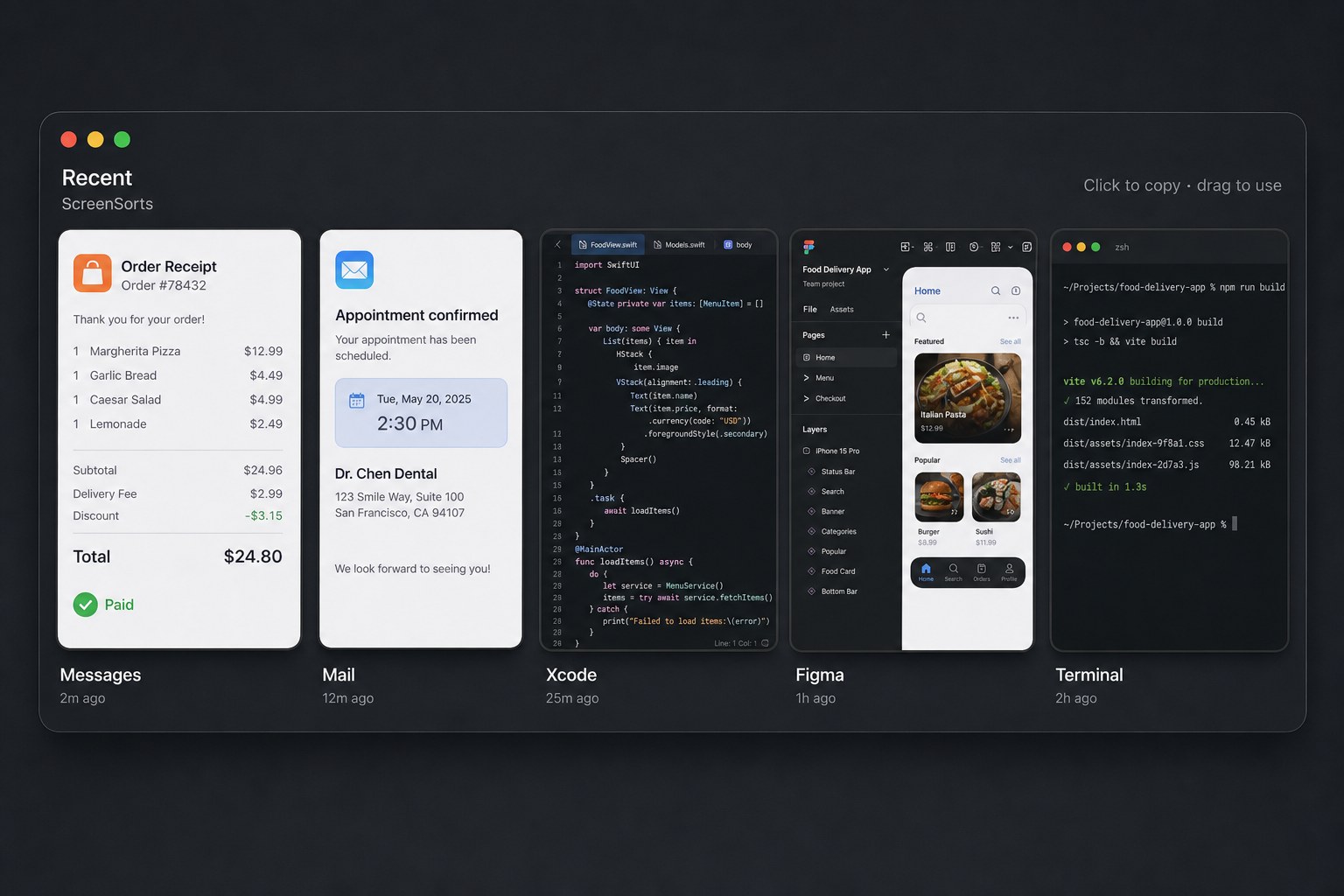 Floating shelf with a receipt, appointment, and recent screenshots